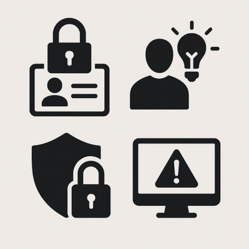 Data Breach: Vier schwarze Sicherheitssymbole zu Daten- und Zugriffsschutz in minimalistischer Vektorgrafik. Bild., ChatGPT (Bild generiert mit KI)