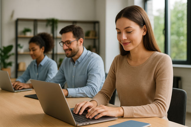 Zufriedene Mitarbeitende arbeiten konzentriert an ihren Laptops. Bild: ChatGPT (Bild generiert mit KI)