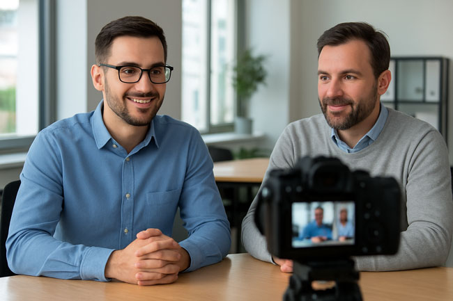 Zwei männliche Mitarbeiter berichten in einem Video über ihre Arbeitserfahrungen. Bild: ChatGPT (Bild generiert mit KI)
