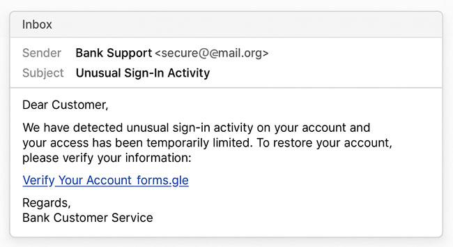 Phishing-Mail mit Link zu einer Google-Forms-Umfrage. Bild: ChatGPT (Bild erstellt mit KI)