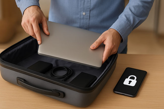 Travel Security | Koffer packen | IT-Geräte. Bild: ChatGPT (Bild generiert mit KI)