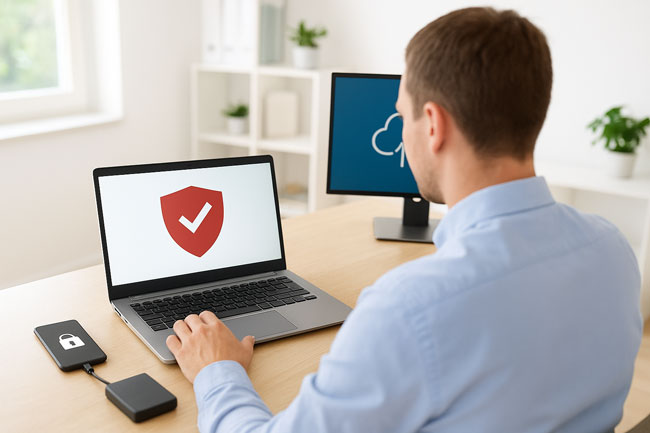 Travel Security | Mitarbeiter checkt Geräte nach Rückkehr. Bild: ChatGPT (Bild generiert mit KI)