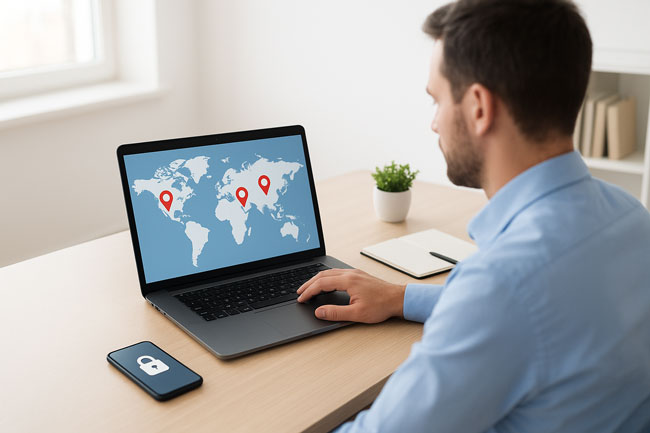 Travel Security | Mitarbeiter checkt Warnungne für das betreffende Ausland. . Bild: ChatGPT (Bild generiert mit KI)