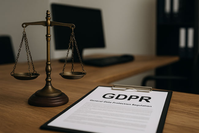 Datenpanne | Waage und DSGVO-Dokument auf Schreibtisch in Büro.Bild: ChatGPT (Bild generiert mit KI)