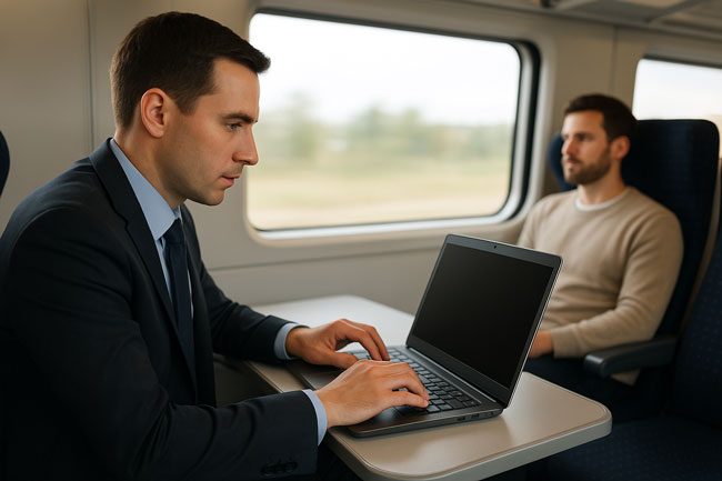 Travel Security | Bahnfahren mit Laptop. Bild: ChatGPT (Bild generiert mit KI)