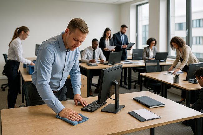 CDP | Mitarbeiter putzt Schreibtisch. Bild: ChatGPT (Bild erstellt mit KI)