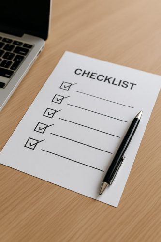 Clean Desk Policy | Checkliste neben Laptop.Bild: ChatGPT (Bild erstellt mit KI)