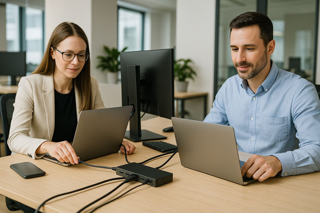 Zwei Personen im Büro schließen moderne Geräte über USB-C an eine Dockingstation an.. Bild: ChatGPT (Bild erstellt mit KI)