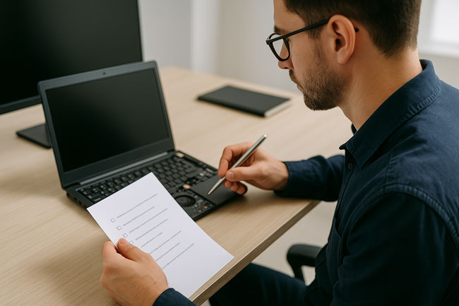 USB-SChnittstellen moderisieren: IT-Fachkraft prüft mit Checkliste und geöffnetem Notebook die vorhandenen USB-Anschlüsse. Bild: ChatGPT (Bild erstellt mit KI)