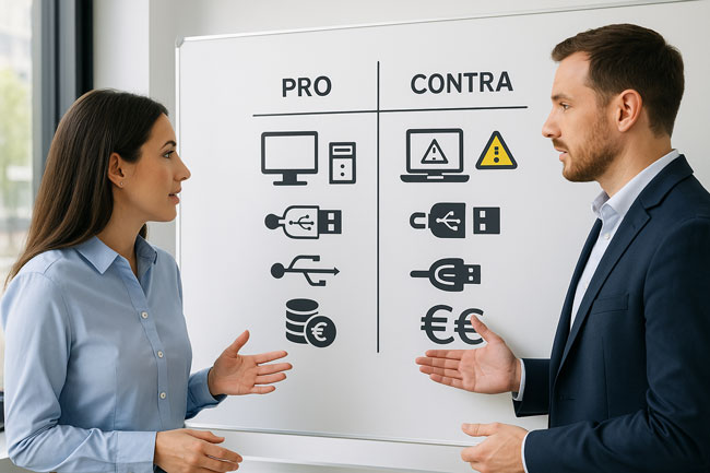 Zwei Personen im Gespräch vor einem Whiteboard mit Entscheidungsmatrix zur Hardwaremodernisierung. Bild: ChatGPT (Bild erstellt mit KI)