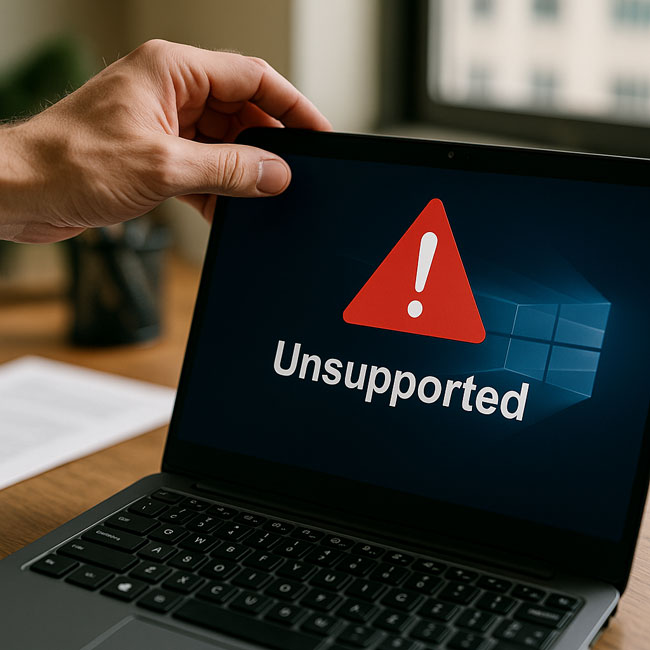 Laptop mit Warnsymbol auf Windows-10-Bildschirm als Hinweis auf Support-Ende und Sicherheitsrisiken. Bild: ChatGPT (Bild generiert mit KI)