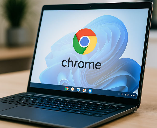 Laptop mit geöffnetem Chrome OS Flex Desktop, auf hellem Schreibtisch in modernem Büro. ChatGPT (Bild generiert mit KI)