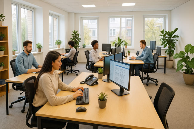 Großraumbüro mit mehreren Mitarbeitenden an modernen Computerarbeitsplätzen in heller, freundlicher Umgebung. Bild: ChatGPT (Bild generiert mit KI)