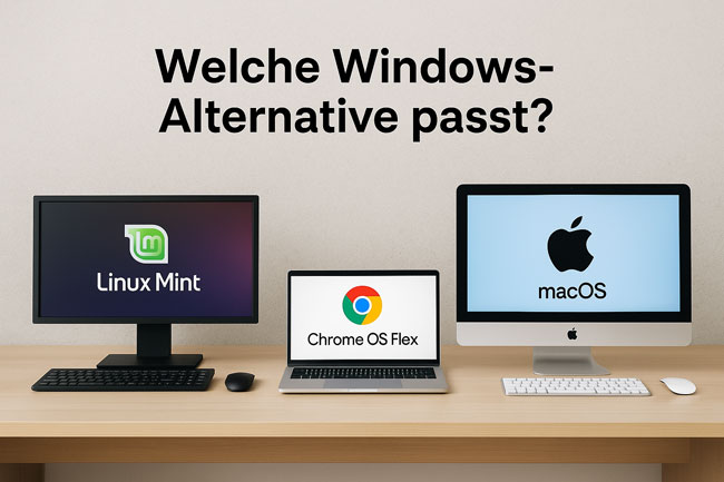 Drei Computer auf einem Schreibtisch zeigen die Betriebssysteme Linux Mint, Chrome OS Flex und macOS als Alternativen zu Windows. Bild: ChatGPT (Bild generiert mit KI)