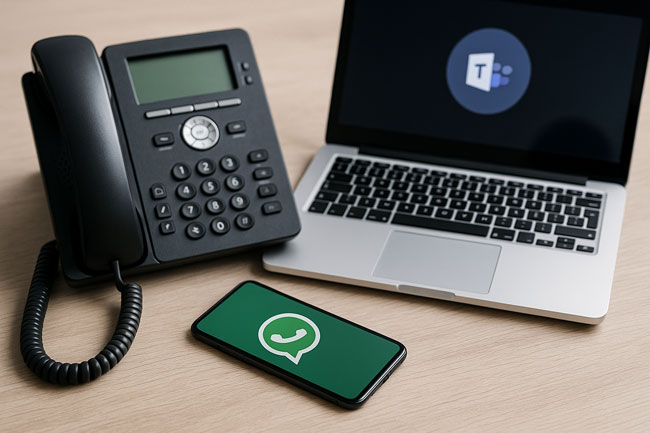 Business-Telefonie: Laptop, Smartphone und Telefon Bild: ChatGPT (Bild erstellt mit KI)