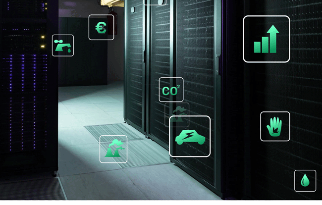 Nachhaltige KI | Bild mit Öko-Icons. Bild: stock.adobe.com/vectorfusionart https://stock.adobe.com/de/images/image-of-eco-icons-and-data-processing-over-computer-servers/757949508