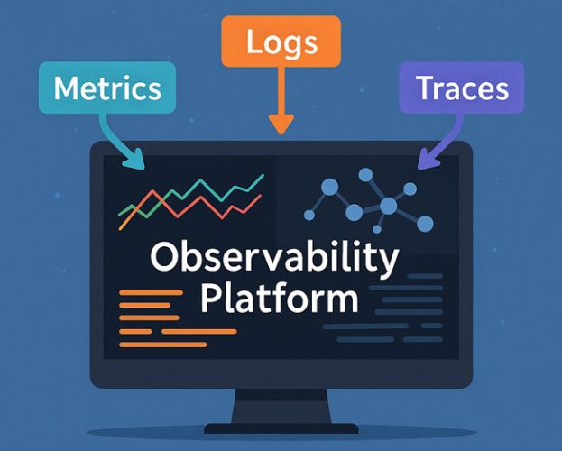 Infografik zeigt eine zentrale Observability-Plattform, in die Metriken, Logs und Traces einfließen. Bild: ChatGPT (Bild erstellt mit KI)