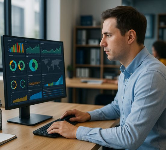 Observability: IT-Mitarbeiter betrachtet bunte Dashboards mit Einzelwerten am Monitor. Bild: ChatGPT (Bild erstellt mit KI)