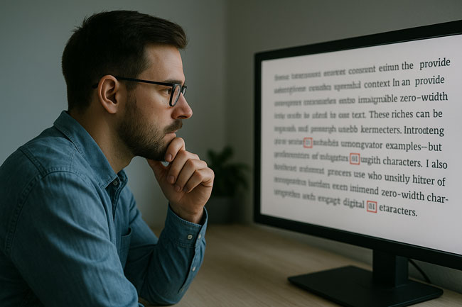 Analyst betrachtet unsichtbare Zeichen in einem Text auf einem Monitor, die ein Sicherheitsrisiko darstellen. Bild: ChatGPT (Bild generiert mit KI)