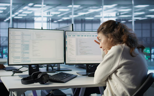 Routern sichern, Netzwerke überwachen. Bild: stock.adobe.com/DC Studio (https://stock.adobe.com/de/images/system-admin-working-in-computer-network-security-data-center-ensuring-optimal-performance-worker-monitoring-energy-consumption-across-operational-server-racks-components-camera-b/1213268055)