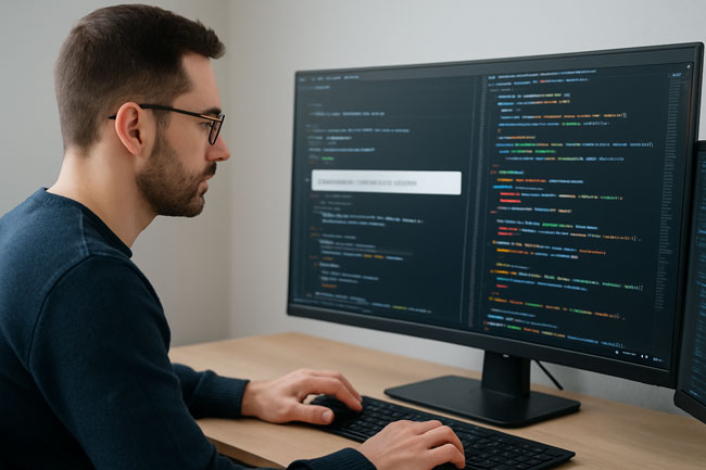 Vibe Coding: menschliche Fachkraft prüft KI-generierten Code auf Sicherheitsrisiken und technische Fehler. Bild. ChatGPT (Bild erstellt mit KI)