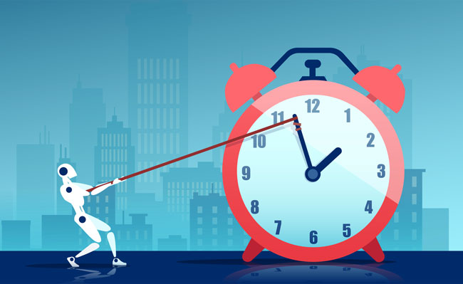 Bild: stock.adobe.com/Feodora https://stock.adobe.com/de/images/vector-of-a-robot-pulling-clock-arrow-saving-time-spent-on-project/302967861