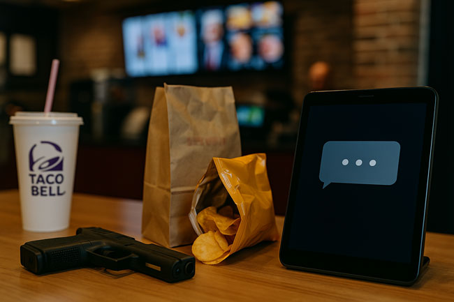 KI-Fails 2025: McDonalds-Filliale, Waffe, Chipstüte als Symbole für die Fehler, die KI macht. Bild: ChatGPT (Bild erstellt mit KI)