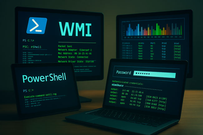 Mehrere Bildschirme mit unterschiedlichen Tools, die Angreifer nutzen. Bild: ChatGPT (Bild erstellt mit KI)
