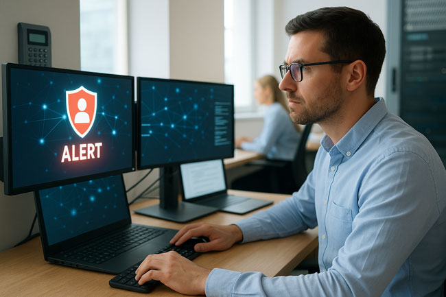 Malware in 2025 | Mitarbeiter am Laptop | Alert. Bild: ChatGPT (Bild erstellt mit KI)