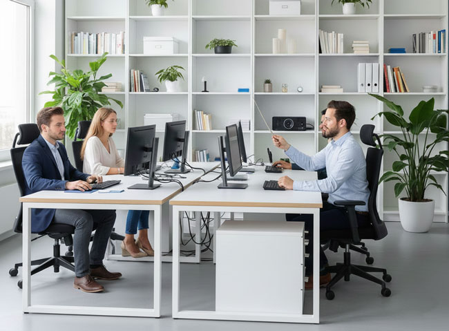 Ein helles, modernes Großraumbüro im Breitbildformat. Drei junge Büroangestellte sitzen an weißen Schreibtischen mit Monitoren. Im Hintergrund befinden sich große, weiße Regale mit Büchern und Aktenordnern sowie mehrere grüne Zimmerpflanzen. Die Atmosphäre ist professionell und freundlich in hellen Blau- und Weißtönen gehalten. Bild: Gemini (Bild erstellt mit KI)
