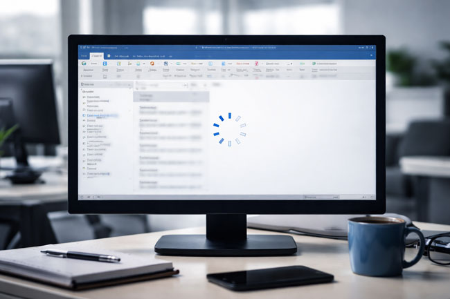 Windows-11-Update-Fehler: Eingefrorenes Outlook Classic auf einem Büro-Monitor nach einem Windows-11-Update. Bild: ChatGPT (Bild erstellt mit KI)