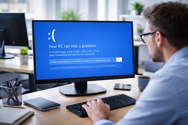 Windows-11-Update-Fehler: Mitarbeiter am PC | gefälschter Bluescreen. Bild: ChatGPT (Bild erstellt mit KI)