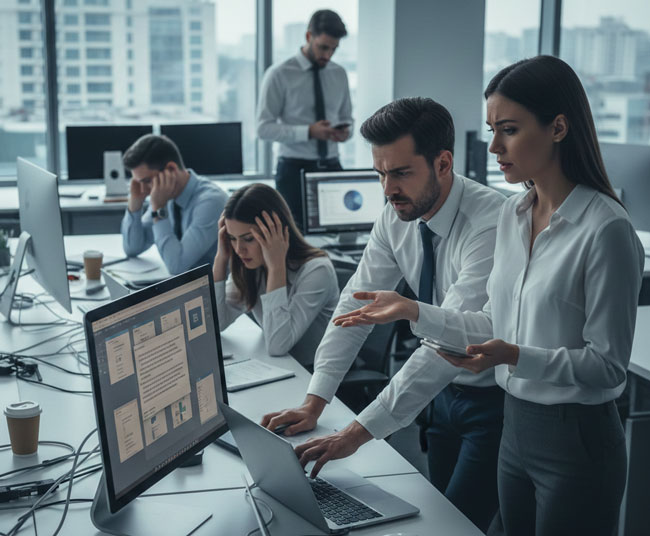 Windows-11-Update-Fehler | Frust im Büro. Bild: Gemini (Bild erstellt mit KI)