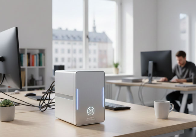 Ein lokaler Server in einem Büro für die Nutzung von Moltbot. Bild: Gemini (Bild generiert mit KI)