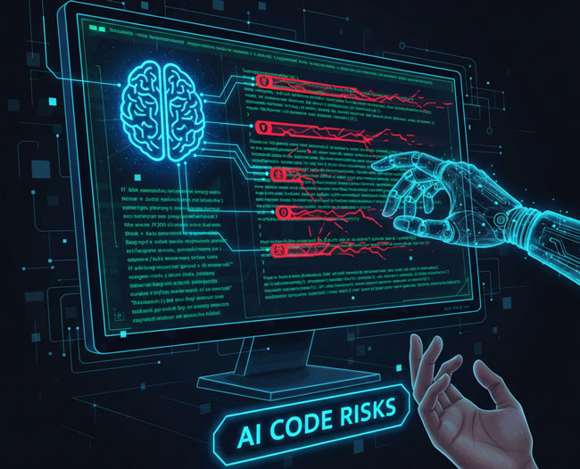 Illustration von KI-generiertem Programmcode mit hervorgehobenen Sicherheitslücken. Bild: Gemini (Bild erstellt mit KI)