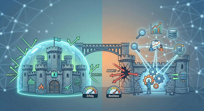 Cyber-Resilienz (rechts) im Vergleich mit Cybersicherheit (links). Bild: Gemini (Bild erstellt mit KI)