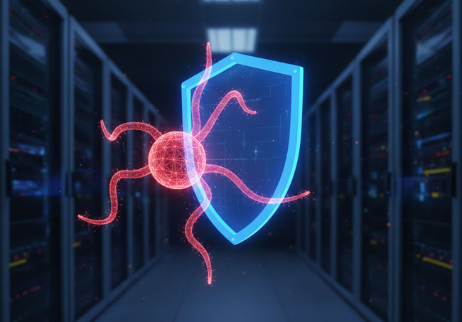 KI-Angriff auf AWS | Serverraum mit Symbolen eines Schutzschilds und eines Virus Bild: Gemini (Bild erstellt mit KI)