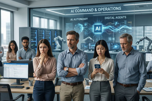 Microsoft | Abomodell mit KI-Agenten-Stufe | besorgte Mitarbeiter. Bild: Gemini (Bild erstellt mit KI)