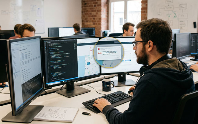 Programmierer im Büro arbeitet an mehreren Bildschirmen. Bild: Gemini (Bild erstellt mit KI)