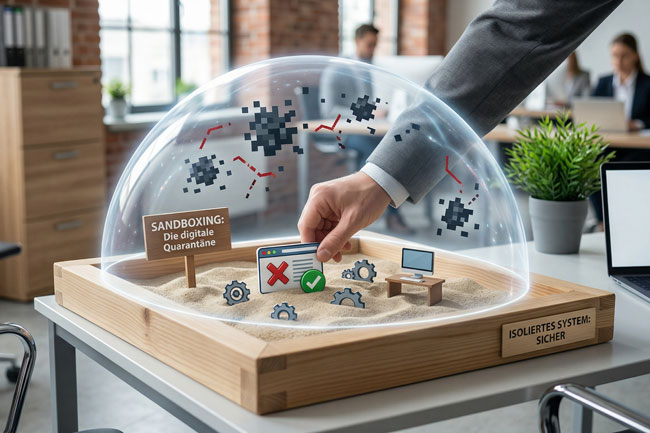 Browser-Sicherheit: Sandkasten mit Glaskuppel symbolisiert den Schutz der IT. Bild: Gemini (Bild erstellt mit KI)