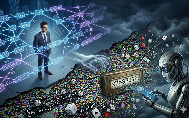 Passwort von ChatGPT | Sicherheitsrisiko Vorhersehbarkeit. Bild: Gemini (Bild erstellt mit KI)