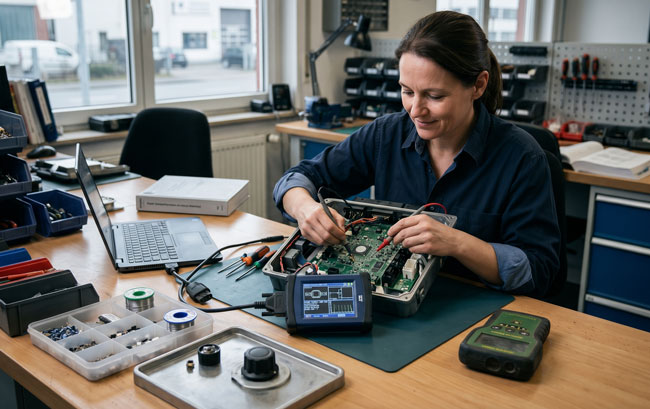 Recht auf Reparatur: Frau am Schreibtisch repariert IT. Bild: Gemini (Bild generiert mit KI)