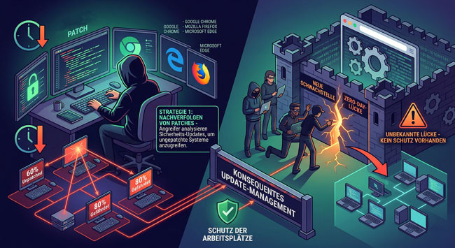 Grafik, wie Hacker vorgehen und wie Firmen sich schützen können. Bild: Gemini (Bild erstellt mit KI)