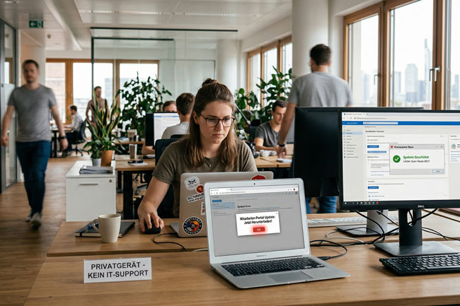 Browser-Sicherheit | Büro, ungeschütztes Laptop. Bild: Gemini (Bild erstellt mit KI)