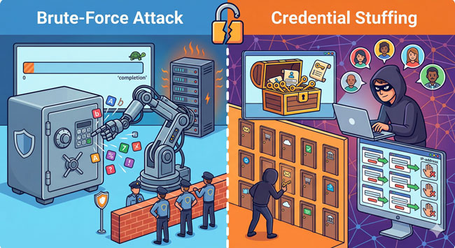 Credential Stuffing im Vergleich mit Brute-Force-Angriff. Bild: Gemini (Bild erstellt mit KI)