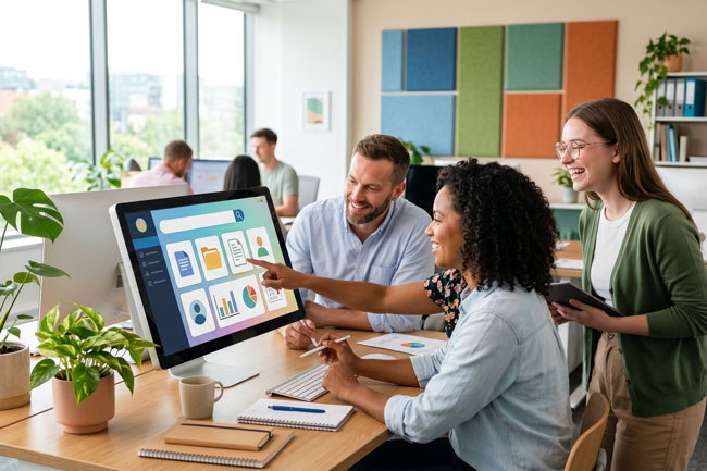 Automatisierung: Drei lächelnde Büroangestellte sitzen in einem hellen, modernen Büro vor einem Computerbildschirm und nutzen eine übersichtliche Software für digitales Wissensmanagement mit Suchfunktion und Symbolen für Dokumente. Bild: Gemini (Bild erstellt mit KI)