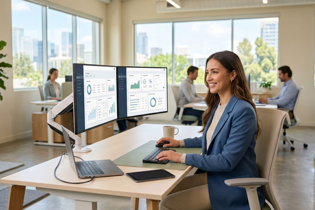 Automatisierung im Mittelstand: Eine lächelnde junge Frau arbeitet in einem modernen, hellen Büro an zwei Bildschirmen, die Dashboards und Daten visualisieren, die einen reibungslosen und automatisierten Rechnungs- und Angebotsprozess zeigen. Das Büro hat freundliche Farben, natürliche Holzelemente und große Fenster mit Blick nach draußen. Bild: Gemini (Bild erstellt mit KI)
