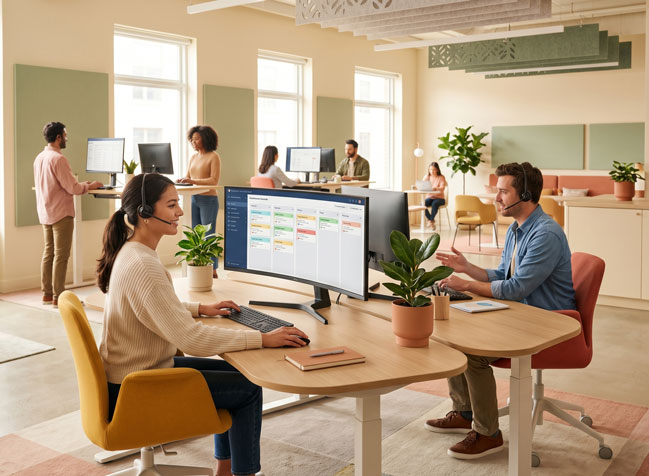 Eine lächelnde junge Angestellte in einem hellen, modern eingerichteten Büro mit Headset blickt auf einen Monitor, der ein automatisiertes Ticket-Workflow-Dashboard ohne lesbaren Text visualisiert. Sie sitzt an einem Schreibtisch mit einem Kollegen gegenüber. Bild: Gemini (Bild erstellt mit KI)