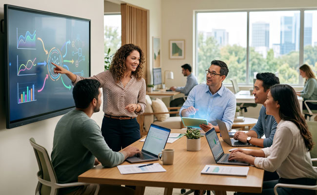 Automatisierung im MIttelstand: Ein dynamisches Team in einem hellen, modernen Büro arbeitet kollaborativ zusammen. Eine Frau erklärt an einem großen Bildschirm eine vernetzte Daten-Grafik, während Kollegen mit Laptops und Tablets aufmerksam zuhören. Bild: Gemini (Bild erstellt mit KI)