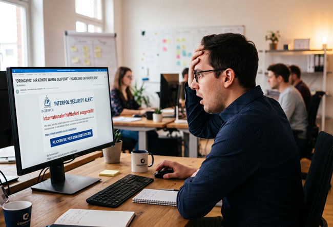 Schadsoftware durch Fake-E-Mail von Interpol. Bild: Gemini (Bild mit KI erstellt)
